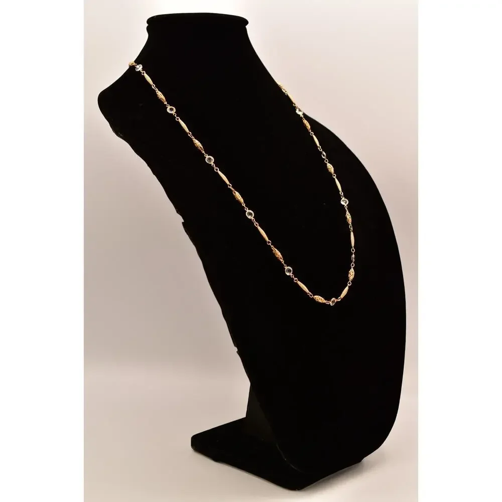 Vintage Crystal Open Bezel Chain Necklace Gold Tone Linked Shiny 1980s BinBE